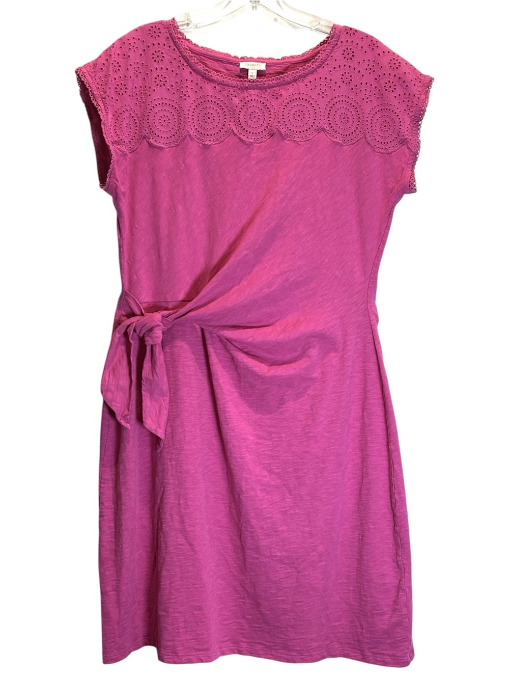 Talbots Hot Pink Slub Cotton Dress w/ Eyelet Yolk Detail and Side Tie - Large